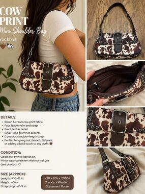 Cow Print Mini Shoulder Bag Y2K Style Brown & Cream Buckle Purse